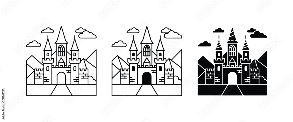 Fototapeta premium Fairytale Castle Vector Icons, Fantasy Fortress Silhouette, Royal Palace Landmark Graphics, Medieval Architecture Set