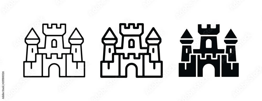 Fototapeta premium Castle Icons Set: Outline, Filled Outline, and Solid Black Vector Graphics for Fairytale and Architecture Themes