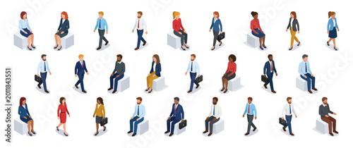 Obraz na płótnie Isometric business people walking and sitting in office attire | diverse corpora