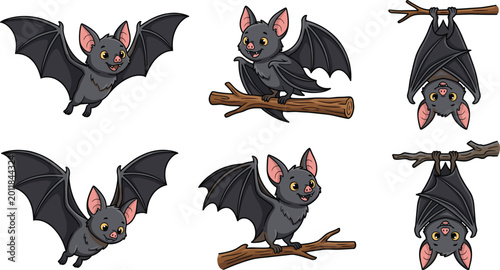 Foto Cute bat cartoon vector set with flying and hanging poses, adorable nocturnal an