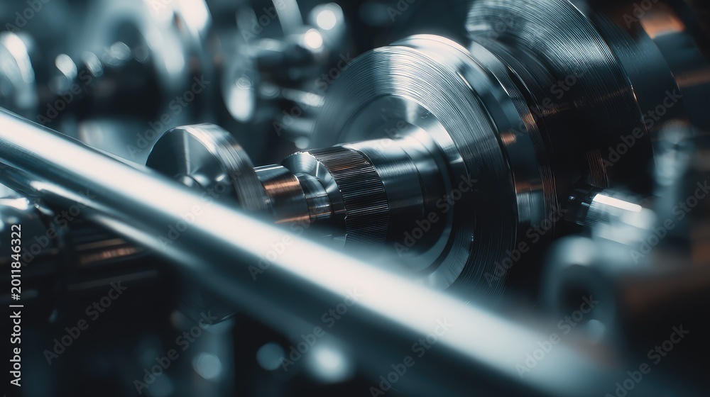 Fototapeta premium Close up of interlocking steel gears and shafts in a precision machine, showcasing polished metal, mechanical motion and industrial engineering for manufacturing and automation applications