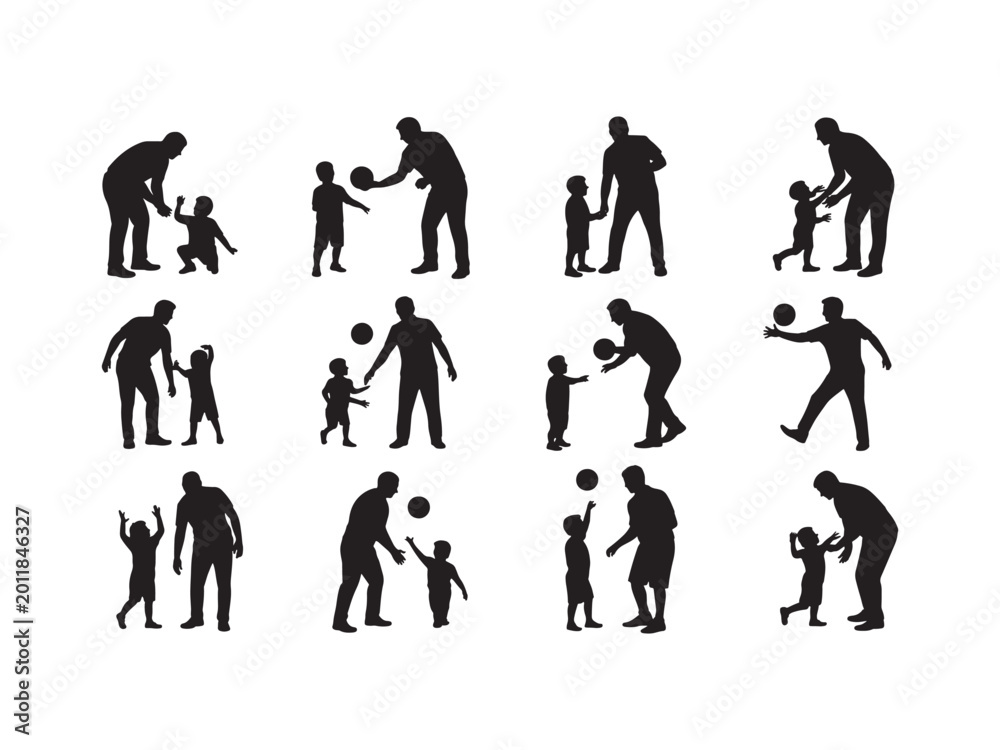Fototapeta premium Collection of black silhouettes showing fathers and children playing with a ball, interacting, and bonding, isolated on a white background, for family and, sports-themed projects