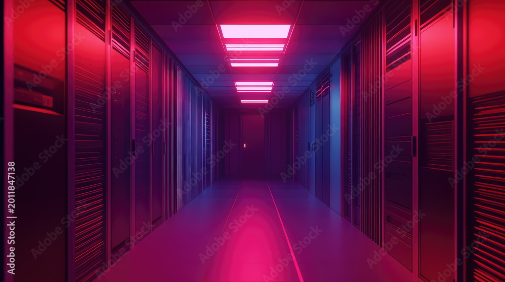 Fototapeta premium Server racks lining a long, dark corridor in a data center, illuminated by futuristic pink and blue neon lights creating a dynamic and technological atmosphere