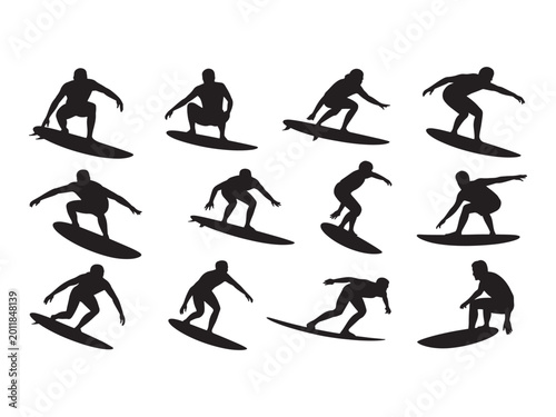 Photography Collection of black silhouettes showing people surfing on waves in various poses