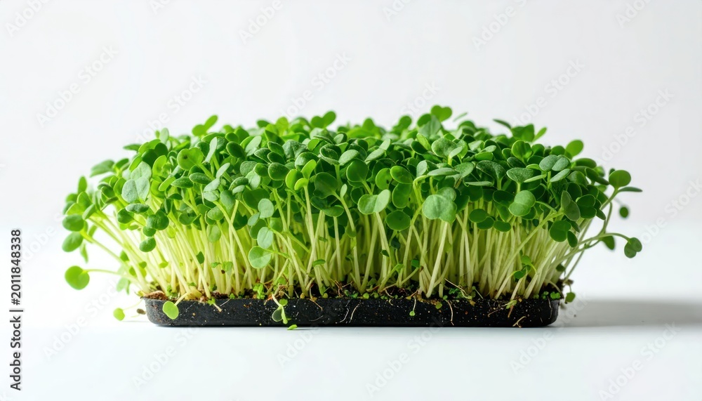 Naklejka premium Fresh Green Microgreens Growing in Black Tray on White Surface