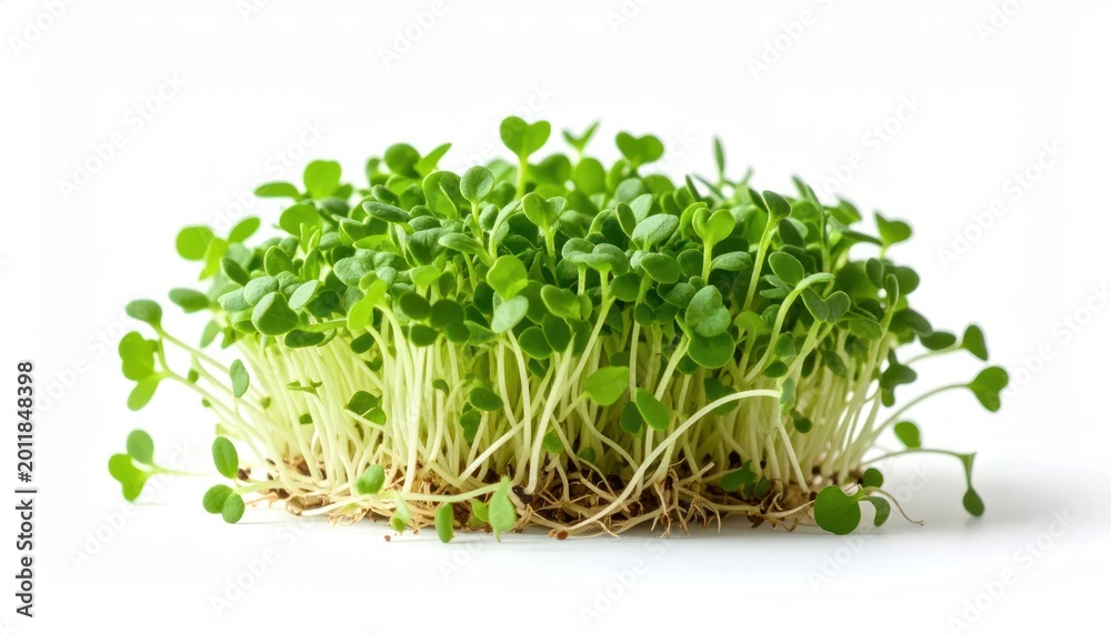 Obraz premium Fresh Green Microgreens Growing on Clean White Background