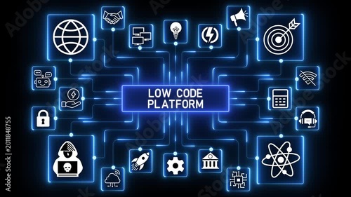 Low code platform network animation with connected technology icons and glowing data nodes, abstract rapid application development and digital workflow visualization on dark background.4k Animation.