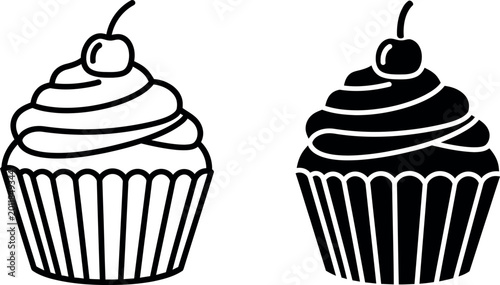 Foto Outline and solid black icons of a cupcake with frosting and cherry
