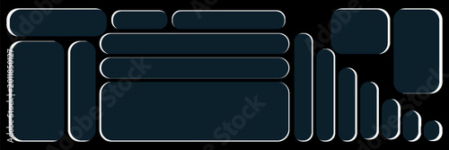 3D blue liquid glass buttons with a transparent neon futuristic effect, isolated on dark background. Cyan liquid glass frame, UI UX elements for phone app or game interfaces. 3D tech digital vector