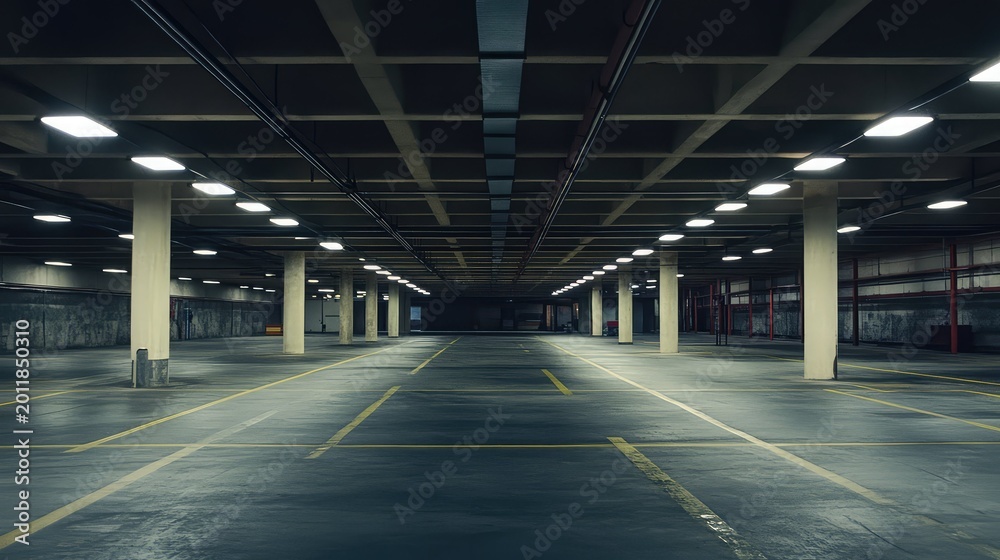 Fototapeta premium Empty multi story car parking garage facility with concrete pillars, fluorescent lights, and yellow marking lines creating a spacious underground urban architecture