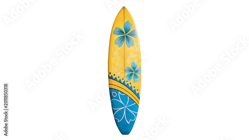 Canvas Print Yellow surfboard with floral tropical patterns for summer beach vacation and act