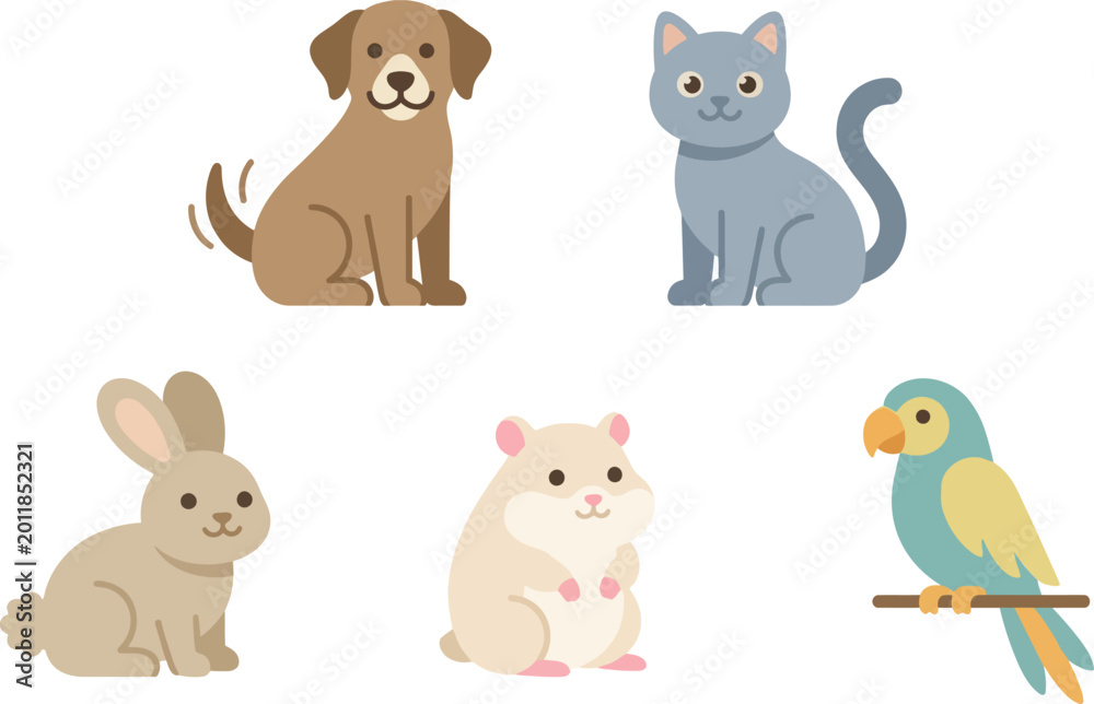 Fototapeta premium Set of funny cartoon animal characters including a cat, dog, lion, and farm pets in a vector illustration icon collection for a baby zoo or safari