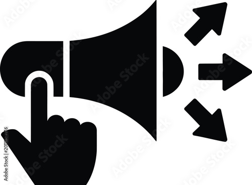 фотографія Black icon of a hand with a pointing finger activating a megaphone arrows indica