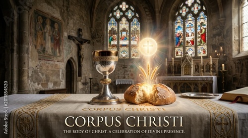 Communion holy observance: Corpus Christi, divine sacrament, sacred Feast, Christ Body, precious Blood, spiritual grace, bless presence, church ritual, worship moment, faith community.