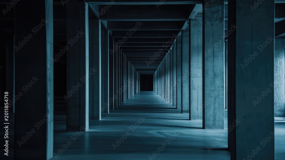 Fototapeta premium Grungy concrete pillars forming an infinite tunnel with a strong linear perspective disappearing into darkness, conveying concepts of profound depth and isolation
