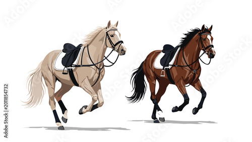 Two graceful horses one cream colored and one dark brown are captured in a gallop with saddles and bridles against a white background.