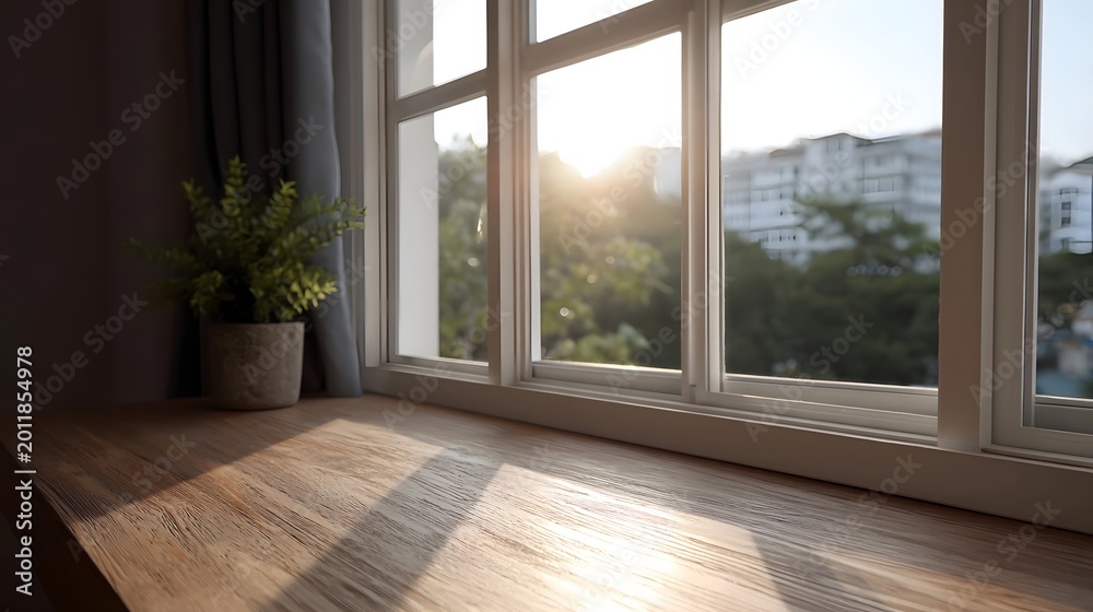 Fototapeta premium Sunlight illuminates a clean wooden surface and potted plant near an expansive window in a bright modern interior setting