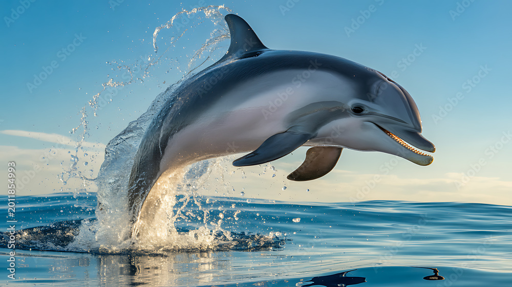 Fototapeta premium A happy dolphin leaps out of the water creating splashes