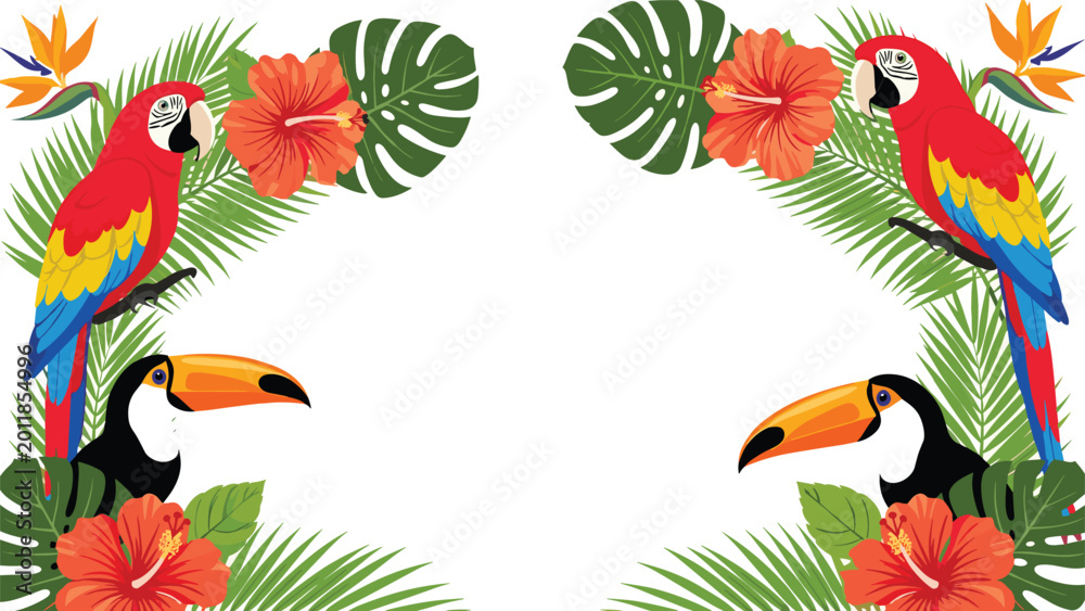 Obraz premium Tropical floral border design featuring colorful parrots and toucans perched among lush green palm leaves and bright hibiscus flowers.