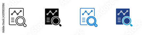 Report Analysis Multiple Style Icon Design Vector - Document with magnifying glass and graph representing data audit, performance review, and analytical reporting