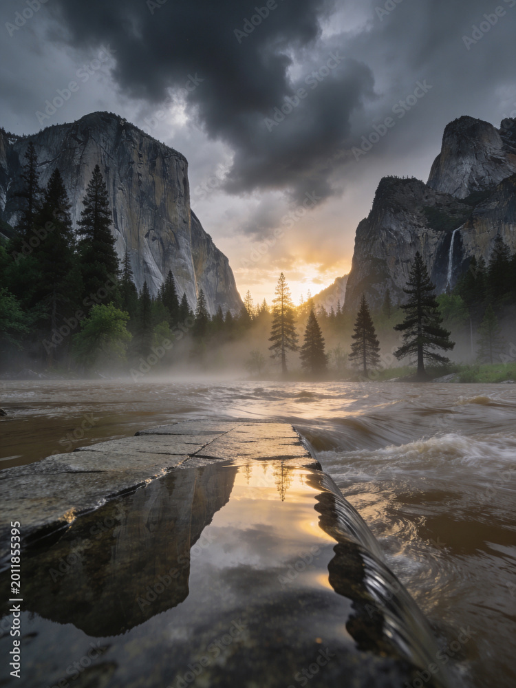 Fototapeta premium Majestic Granite Peaks and Rushing River Surge