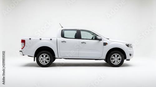 White pickup truck side view isolated on white background