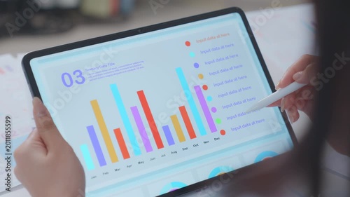 Blur Close up. financial advisor or crypto trader holding digital tablet in hands consulting stock market investor analyzing trade charts dynamic indexes investing trends on tab screen. Business anal