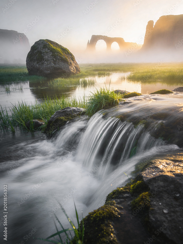 Naklejka premium Majestic Granite Peaks and Rushing River Surge