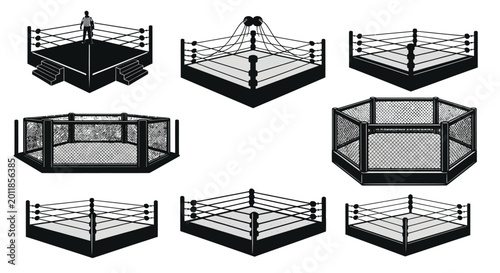 Bild auf Leinwand Boxing ring and mma cage silhouettes on a white background