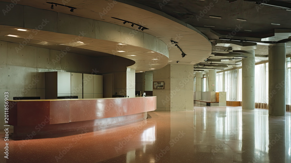 Fototapeta premium Modern corporate lobby featuring a curved reception desk, concrete walls, minimalist ceiling lights, large columns, and reflective terrazzo flooring with natural light from large windows