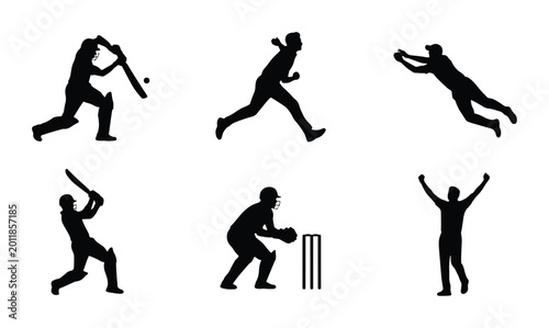 Obraz na płótnie Cricket Player Silhouettes Set: Action Poses, Batsman, Bowler, Fielder, Wicketke