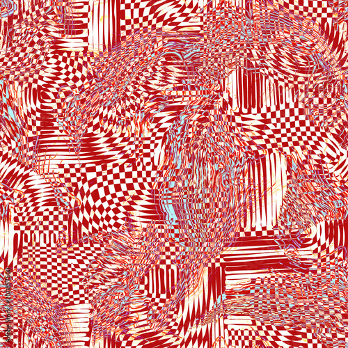 Surreal geometrical abstract seamless pattern in red black tones. Psychedelic background for interior decor, wallpaper, wall panel, textile, poster, web banner, mobile apps, image of blog. 