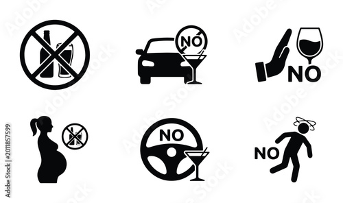 Foto Set of 6 Prohibition Icons: No Alcohol, No Drunk Driving, No Pregnancy Alcohol,