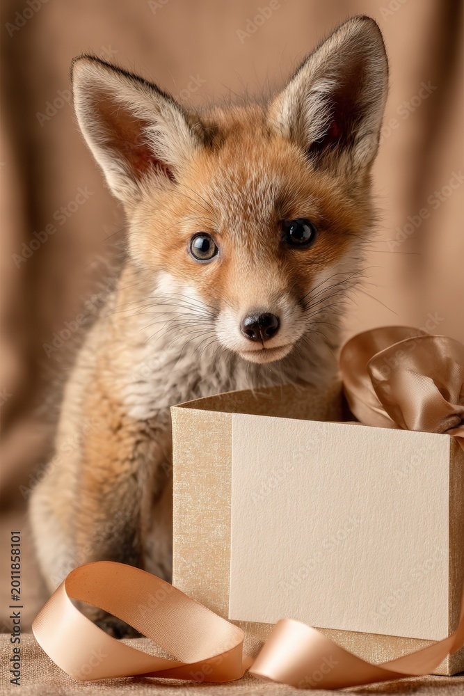 Fototapeta premium Baby fox peeking from gift box beside blank cream greeting card on warm beige set