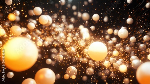 Celestial spheres adrift in golden stardust, a cosmic dance of luminous orbs and sparkling particles