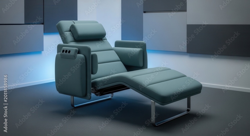 Fototapeta premium Modern Ergonomic Teal Chaise Lounge Chair with Adjustable Footrest and Integrated Headrest for Ultimate Comfort