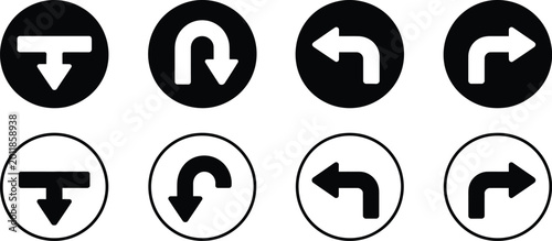 Obraz na płótnie Traffic direction icon set, black and white round circle arrows showing go straight left turn right turn and U-turn navigation symbols for road guidance