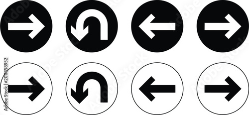 Foto Traffic direction icon set, minimalist black and white circular road signs with arrows indicating straight left right and U-turn instructions for driving navigation