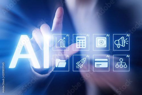 Billede på lærred Digital display shows AI symbols with a person pointing at them in a business se