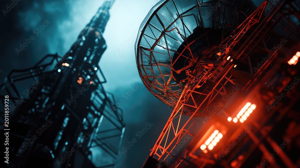 Fototapeta premium Massive satellite dish working against a dark sky, receiving and transmitting signals for global communication, combining advanced technology and scientific research with data transmission