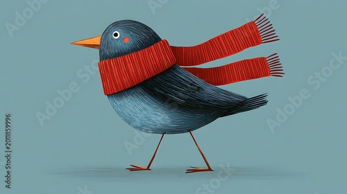 Small blue bird with a long red scarf walking on a light blue background digital