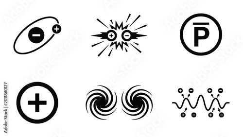 Tableau sur toile Atomic and Subatomic Particle Icons, Physics Symbols, Science Concepts, Vector G