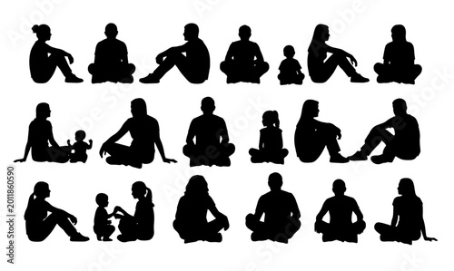 Vector silhouette set of people, including adults and children, sitting on the floor.