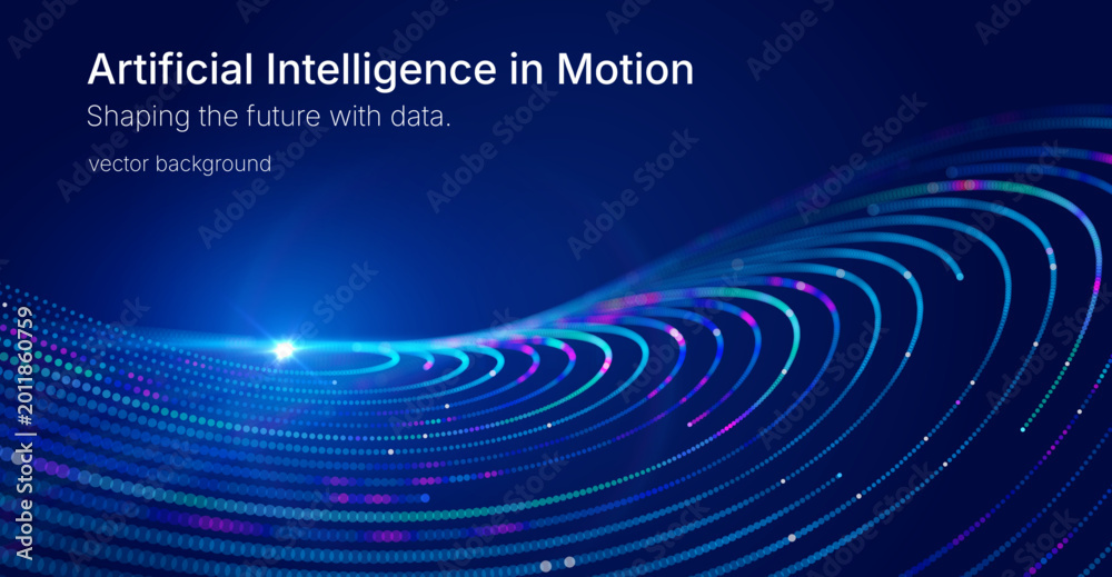 Naklejka premium Futuristic background with glowing curved lines and light particles forming a circular motion on deep blue background, representing data flow, artificial intelligence, digital networks and technology.
