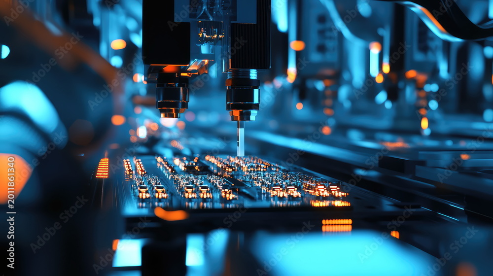 Fototapeta premium Robotic arm precisely placing components onto a circuit board, illustrating advanced automation, high technology, and sophisticated engineering in modern electronics manufacturing processes