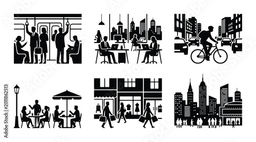 Konstfotografi Urban City Life Vector Icons Set: Commuting, Office Work, Cycling, Cafe Dining,