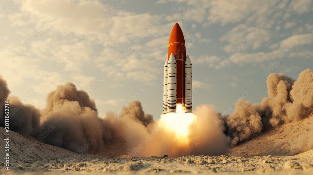 Fototapeta premium Space rocket launching from a desert landscape, leaving billowing smoke and fire as it ascends into the sky, symbolizing exploration, ambition, and innovation