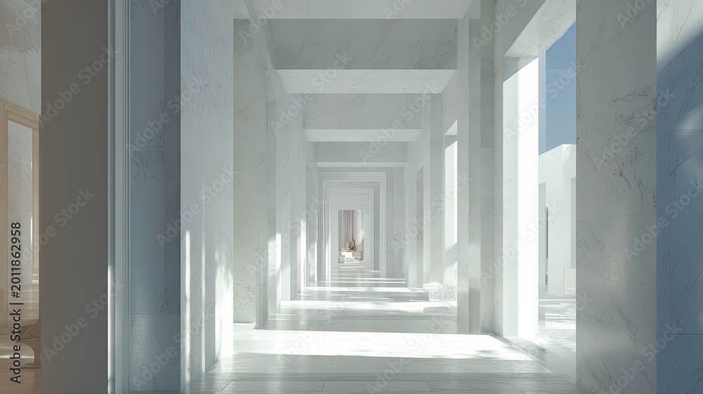 Fototapeta premium Abstract architectural space featuring a long corridor with symmetrical marble columns, creating a sense of depth and luxury through strong light and shadow plays