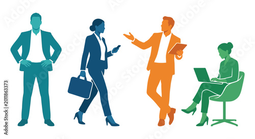 business people silhouettes with laptops and mobile phones isolated on white