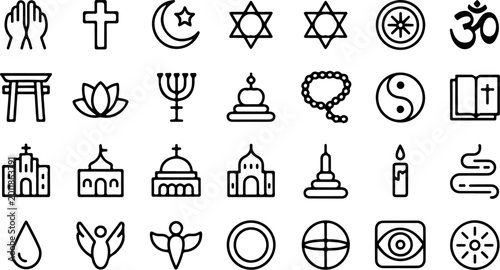 Photos Religion icons feature a spiritual compilation of sacred symbols, world faiths, and ancient meditative motifs depicted through clean black outlines on a bright and clear white canvas backdrop
